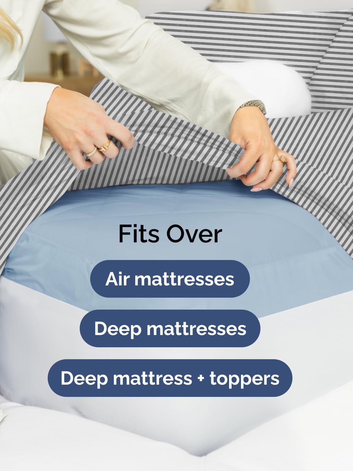 Skiennix Extra Deep Split King Sheet Set - 7 Piece Breathable Cooling Bedding - Soft Wrinkle-Free Grey Stripes