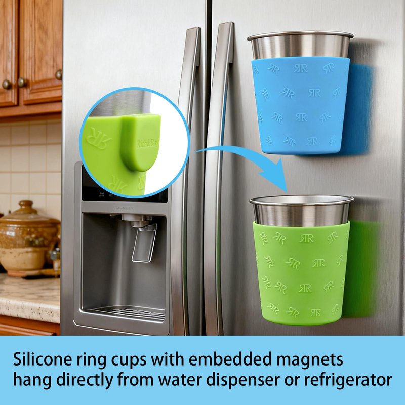 Rich&Ray 8oz Magnetic Reusable Hanging Cup, Stackable Metal Cups Stainless Steel Drinking Cup with Silicone Sleeve for Water Cooler and Fridge (8oz-Purple, Green, Pink, Light Blue)