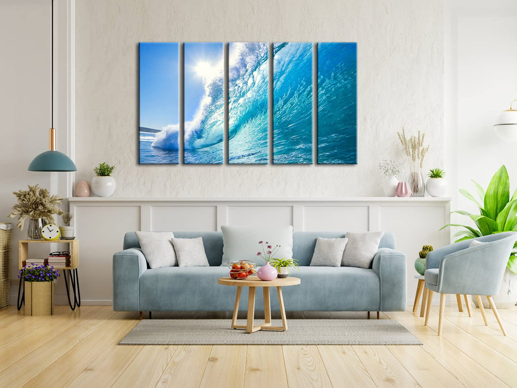 Wieco Art Sea Waves Large 5 Piece Modern Giclee Canvas Prints Seascape Artwork Ocean Beach Pictures Paintings on Canvas Wall Art Ready to Hang for Living Room Bedroom Home Office Decorations