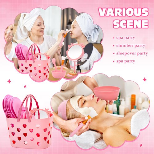 giftlyze 88 Pcs Spa Party Favor Supplies Bulk, Include Pink Basket, Mixing Bowl Set, Mirror, Headband, Scrunchies, Hair Brush, Loofah, Disposable Slipper for Spa Sleepover Birthday Party (Pink)
