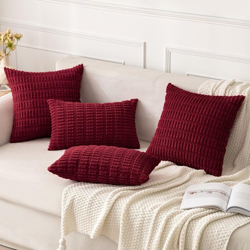MIULEE Burgundy Corduroy Decorative Pillow Covers - Soft Boho Striped 18x18 Inch for Modern Home Decor