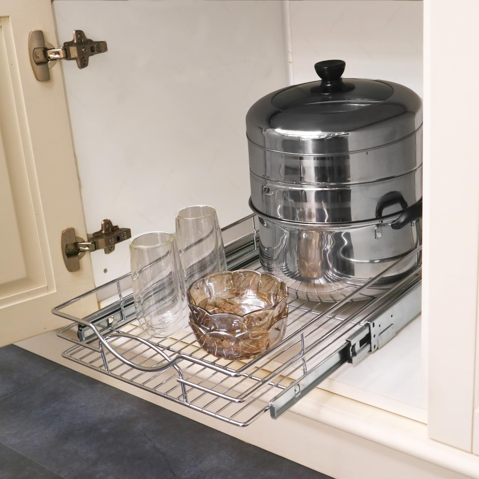 Sikarou Pull Out Cabinet Organizer 26" W x 21" D, Heavy Duty Kitchen Cabinet Pull Out Shelves, Slide Out Wire Basket for Kitchen Cabinets, Bathroom, Pantry, Chrome Finish