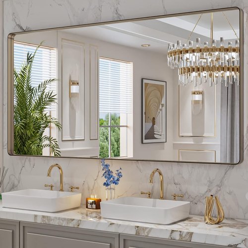 LOAAO Bronze Bathroom Mirror - 72”x36” Rounded Rectangle with Anti-Rust Brushed Metal Frame | Versatile Hanging Options
