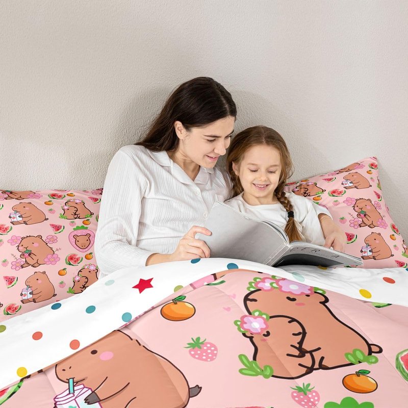 Capybara Lover Bedding Set, Capybaras Decor Comforter Set Twin For Kids Girls Bedroom, Cartoon Rodent Animals Quilted Duvet Capybara Decorations Watermelon Strawberry Duvet Insert Kawaii Decor, Pink