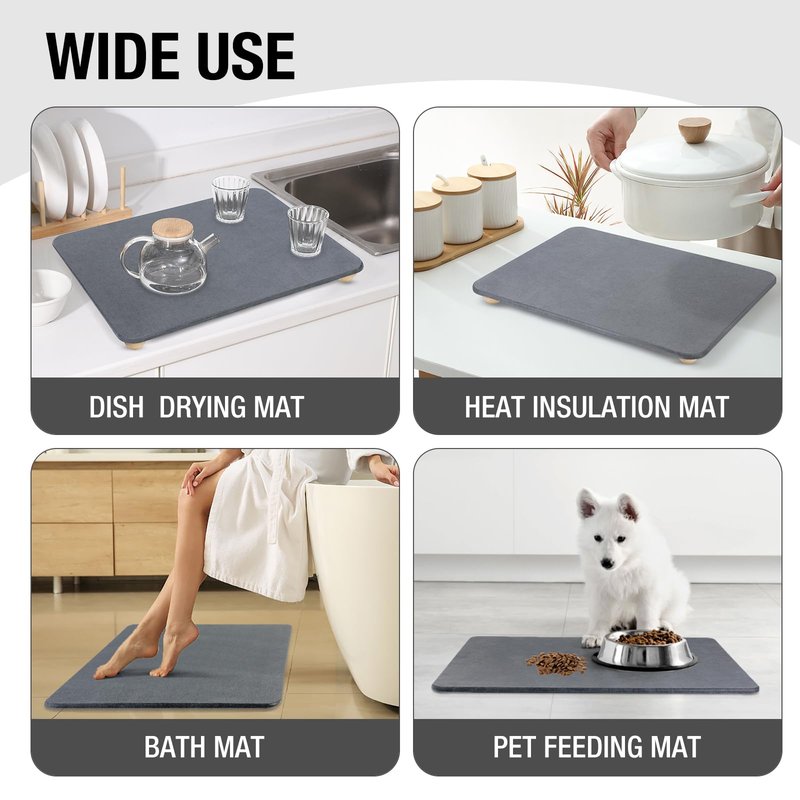 Stone Dish Drying Mat for Kitchen Counter, 16"×12" Quick Dry Super Absorbent Eco-Friendly Diatomaceous Earth Stone Mat with hemisphere wooden feet, Non-slip, Heat Resistant, Multi-purpose mats.