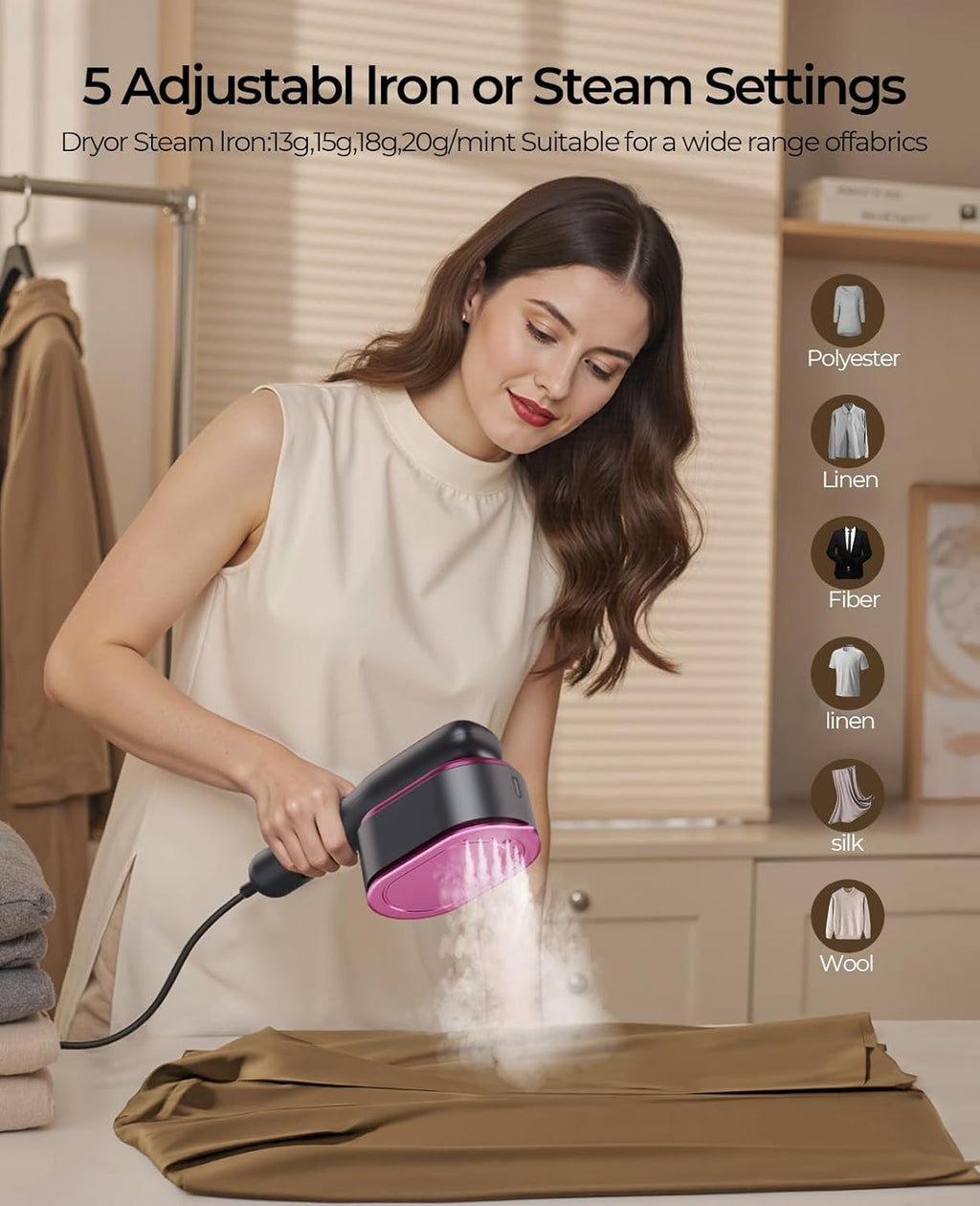 Skiennix Portable Travel Steamer - 2-in-1 Mini Handheld Iron with Fast 15s Heat Up & 5 Settings - Purple Pink