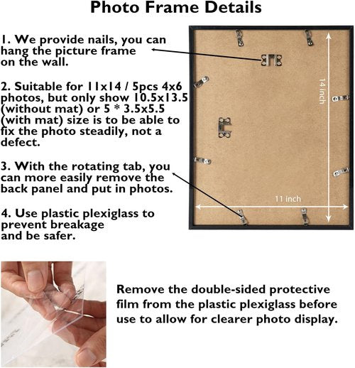 JCJMY 11x14 Picture Frame - Stylish 4-Opening Collage Frame for 5 Photos | Black Multi-Photo Display