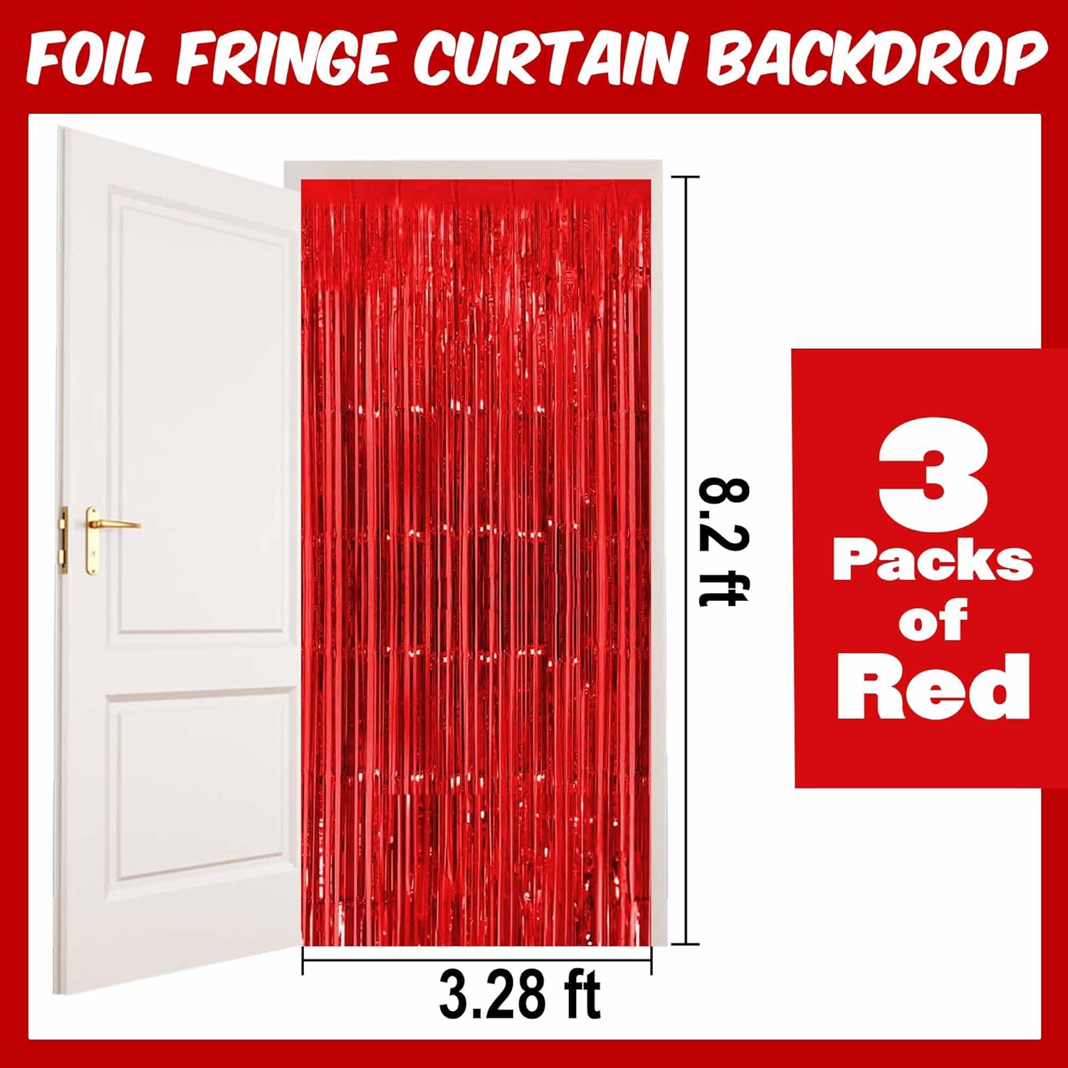 Red Foil Fringe Curtains by [Brand Name] - 3 Pack Metallic Tinsel Backdrop | 3.28 x 8.2 Ft for Parties & Events