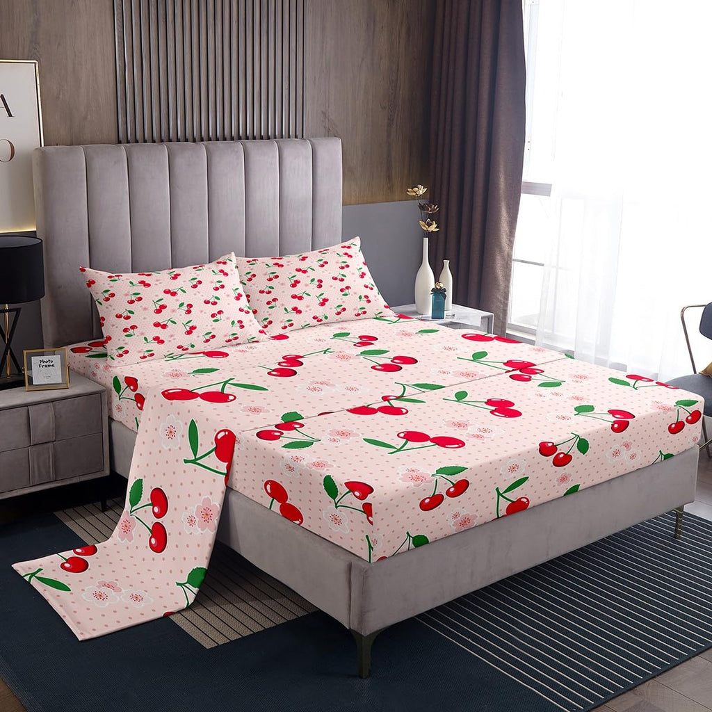 Feelyou Red Cherry Bed Set Cartoon Fruit Bed Sheets for Girls Women Children Sheet Set Girly Cute Fruit Bedding Sheets Pink 1 Bed Sheets with 2 Pillowcases King Size