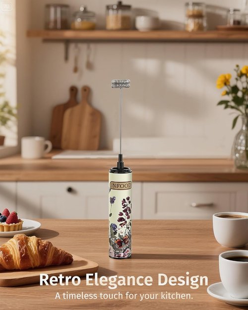 INFOOD Milk Frother - Rechargeable Handheld Coffee Mixer with 2 Detachable Whisks | Vintage Floral Design