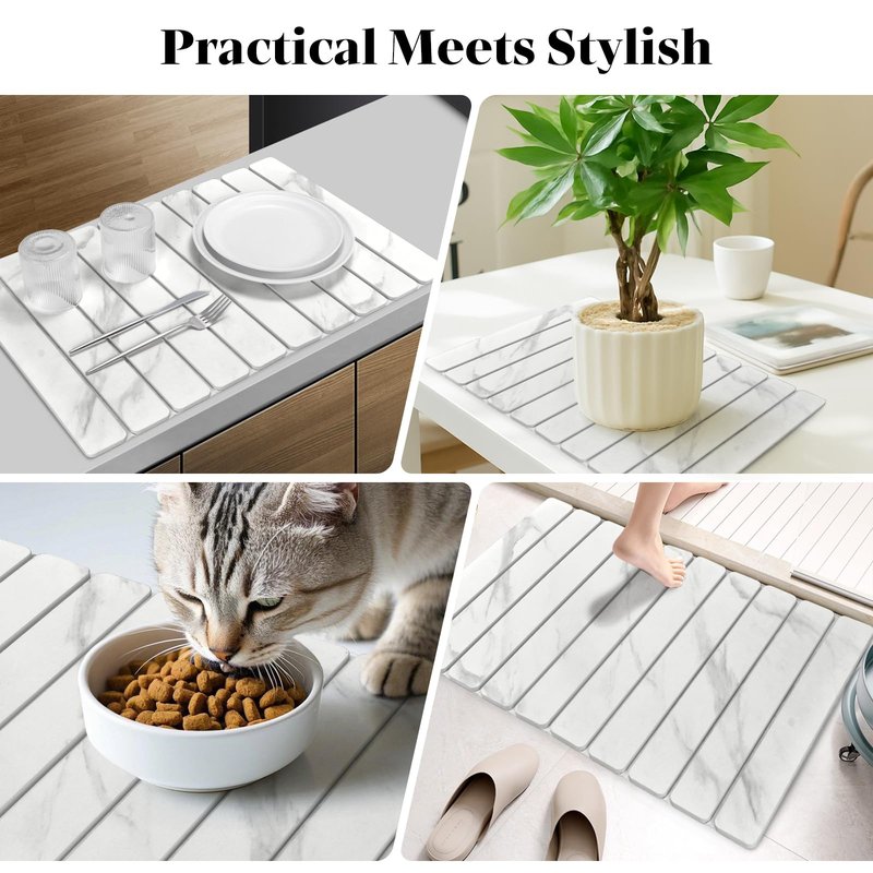 Dish Drying Mat for Kitchen Counter, 24"x16" Super Absorbent Hide Stain Dish Drying Pad with Non-slip Rubber Backed, Quick Drying Mat for Coffee Machine Dish Rack（Whtie Marble）