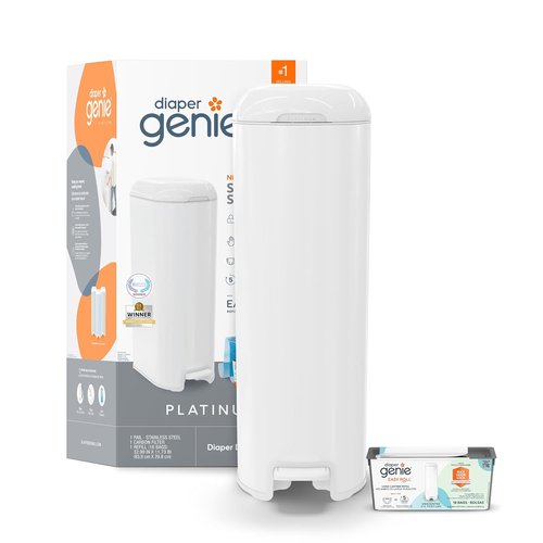 Diaper Genie Platinum Pail - Durable Stainless Steel | Includes 1 Easy Roll Refill & 18 Bags (Lily White)