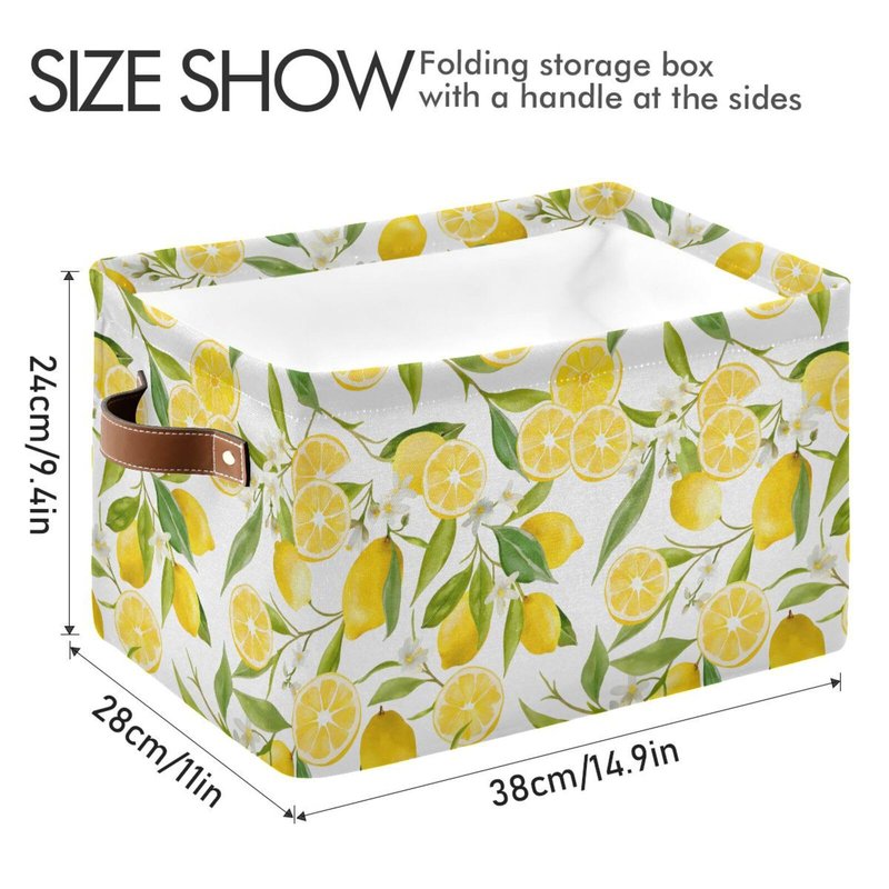 MNSRUU Storage Basket Lemon Floral Collapsible Organizer Basket with PU Handles, Waterproof Nursery Laundry Basket Large Capacity