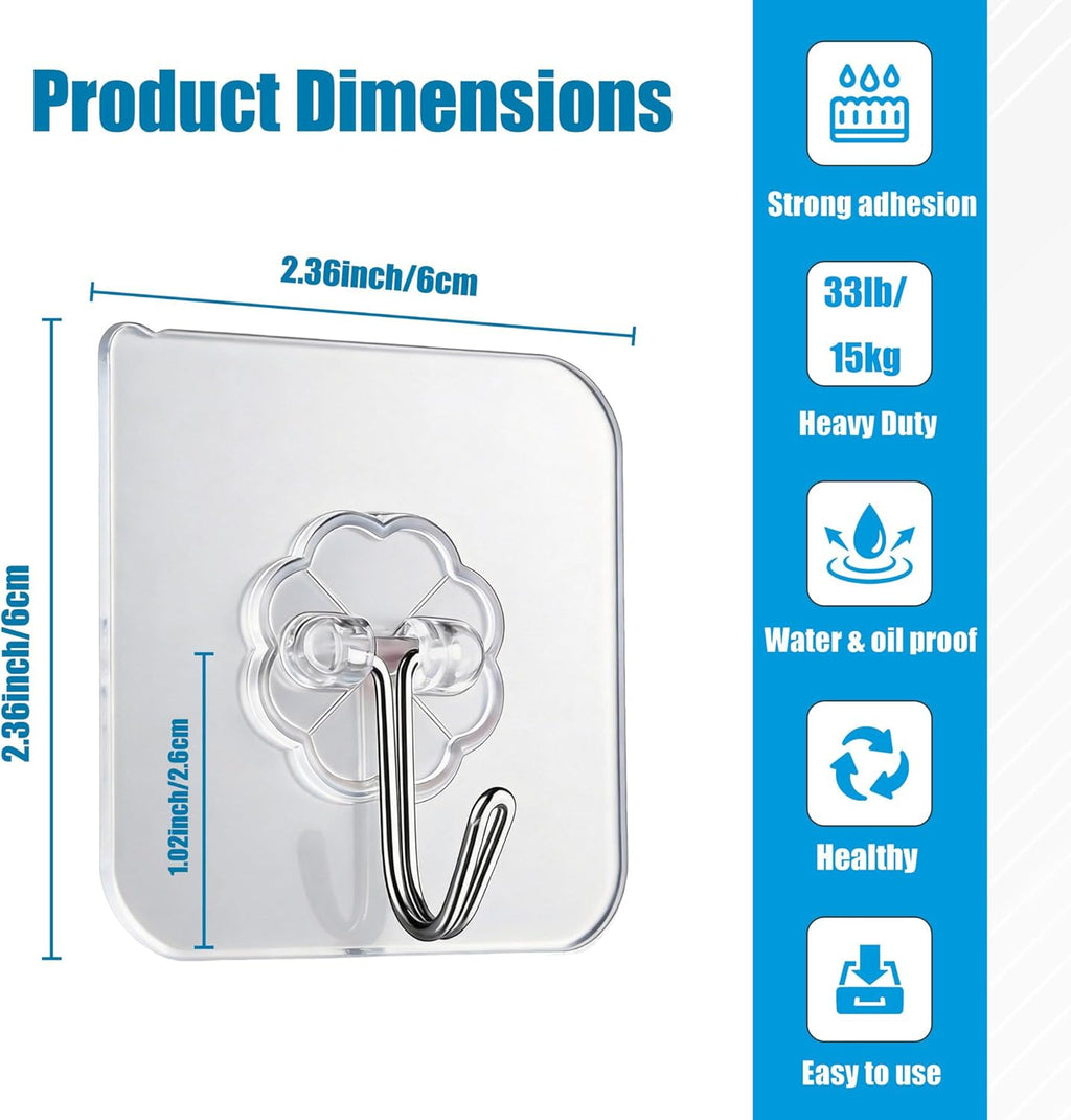 10 Pack Heavy Duty Self-Adhesive Wall Hooks by [Brand Name] - Transparent, Waterproof & Oilproof, Holds 33lbs for Bathroom & Kitchen