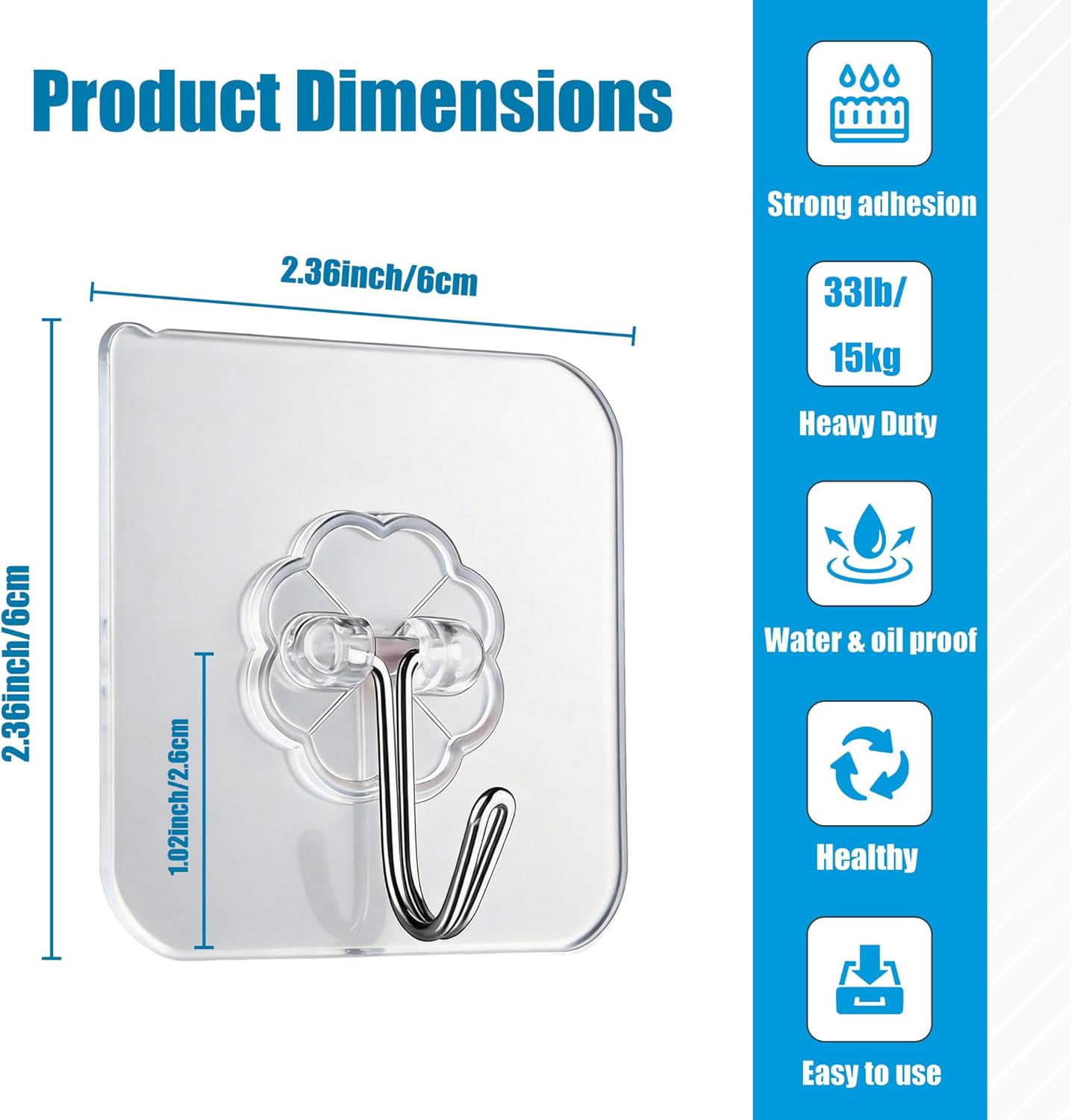 10 Pack Heavy Duty Self-Adhesive Wall Hooks by [Brand Name] - Transparent, Waterproof & Oilproof, Holds 33lbs for Bathroom & Kitchen