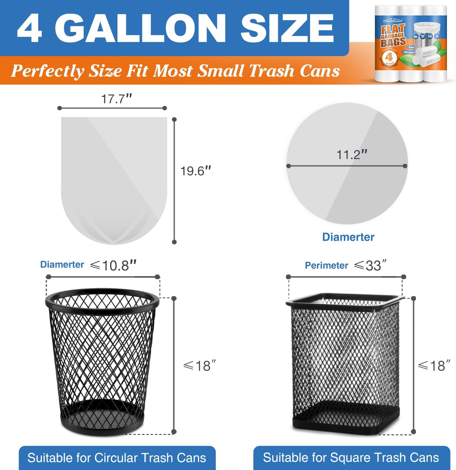 Skiennix Small Trash Bags - 4 Gallon, 105 Count | Unscented Mini Garbage Bags for Home & Office