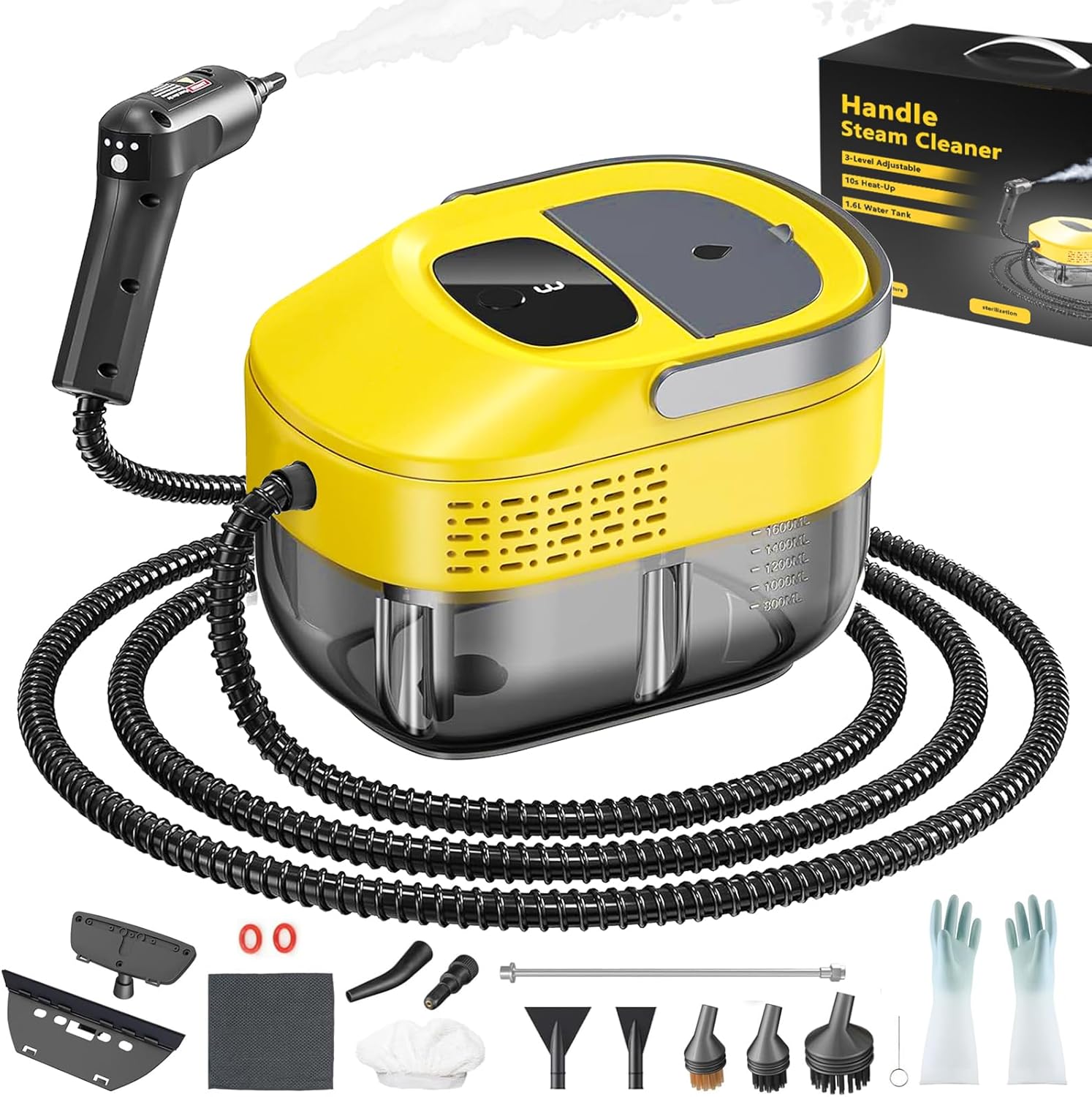 Skiennix Handheld Steam Cleaner - 3 Level Adjustable & Quick 10s Heat-Up | 1.6 Qt Portable Cleaner (Yellow)