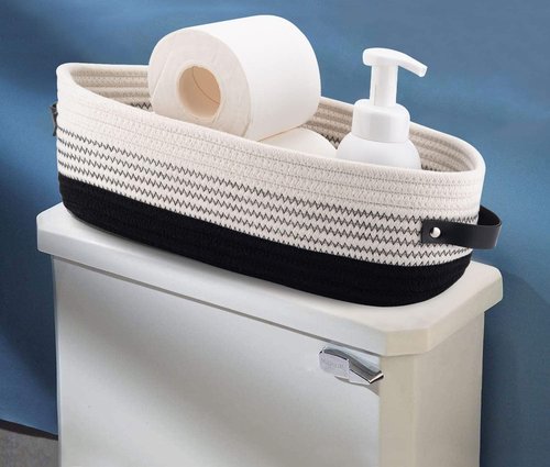 Farmhouse Cotton Rope Toilet Basket - Stylish Bathroom Decor & Organizer | 13"x5.9"x4" Black