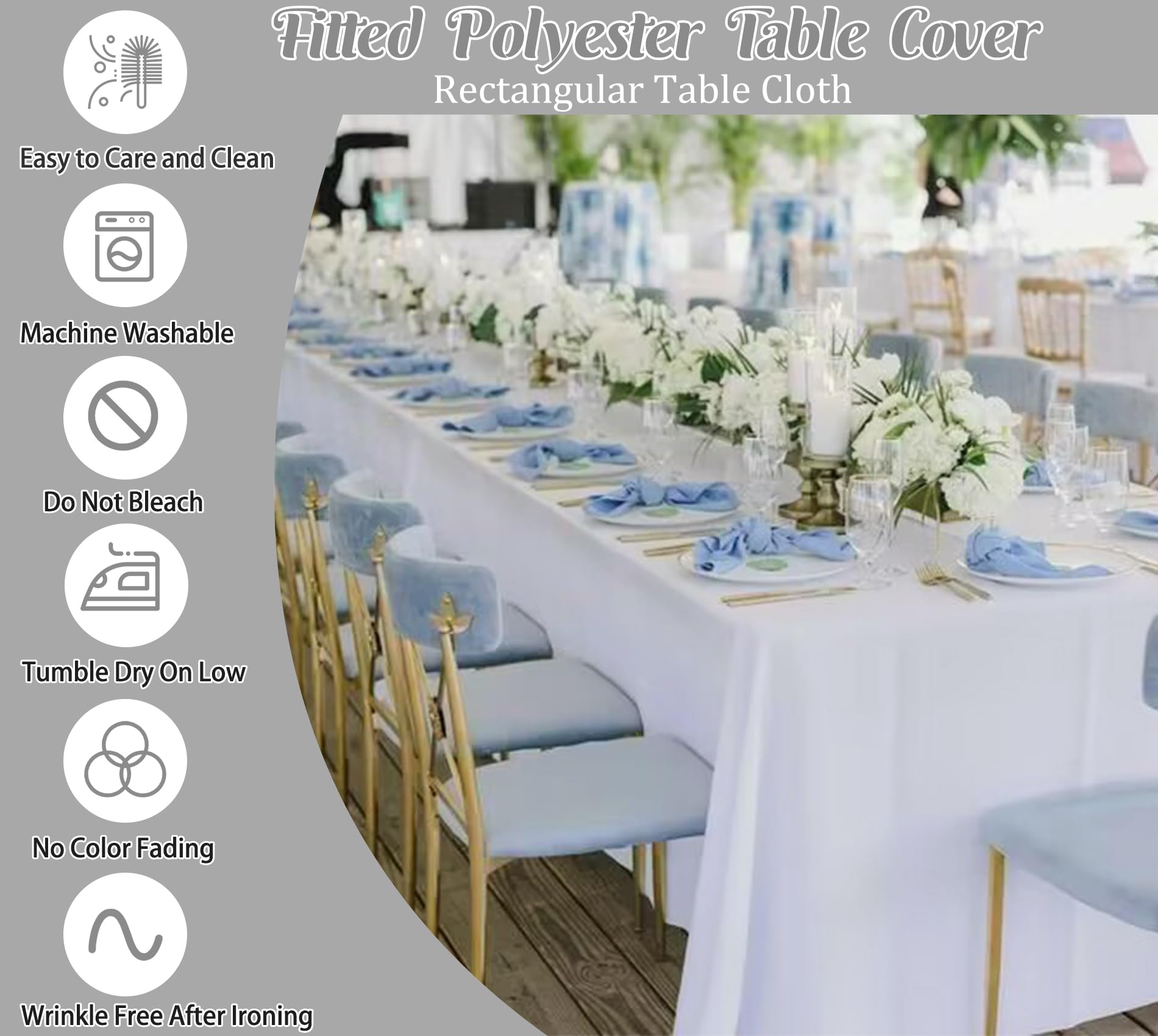 Fivenl 2 Pack Fitted Tablecloths 96 x 30 Inch, White Rectangle Table Clothes for 8 Foot Tables, Washable Polyester Fabric Table Cover for Parties, Wedding, Banquet, Trade Show