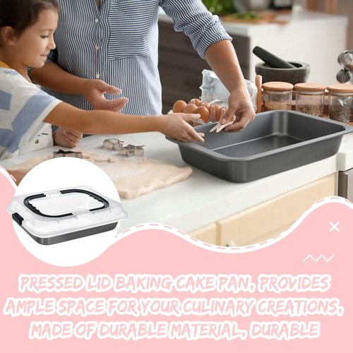 Qinyoung 1 Pcs Cake Baking Pan with Lid and Handle, 9 x 13 Inch Non-stick Rectangle Sheet Cake Pan Carrier for Brownie Roasting Cooking Baking (Black Gray)
