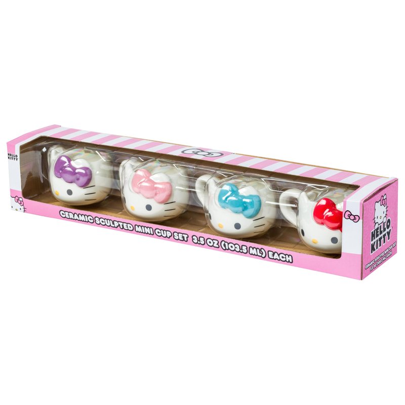 Silver Buffalo Sanrio Hello Kitty Different Color Bows 4 Pack 3D Sculpted Ceramic Mini Mug Set, Perfect as a Sugar, Cream, or Milk Set