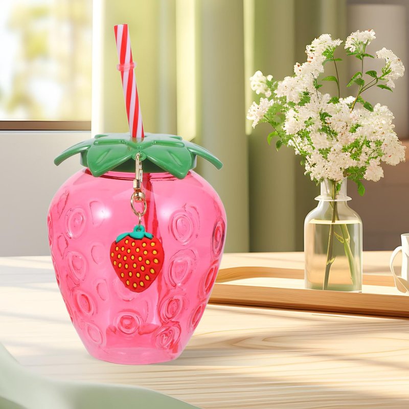 DOITOOL Strawberry Shaped Cups with Lids and Straws 16 Pcs Plastic Strawberry Drinking Tumblers for Girls Portable Milk Tea Cups for Parties and Everyday Use