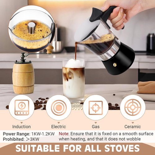 Suiitat Induction Moka Pot, 4 Cups (7.1 oz) Crystal Glass-Top & Stainless Steel Moka Pot, Classic Stovetop Espresso Maker, Black