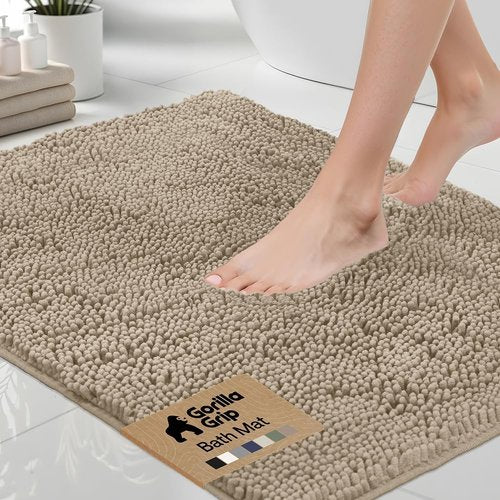 GORILLA GRIP Bath Rug Mat - Thick Absorbent Chenille | Quick-Dry Microfiber, 70x24, Gray Beige