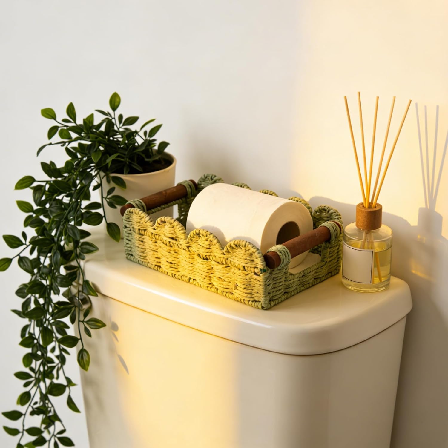Regine Switzerland Handwoven Toilet Paper Storage Baskets - Set of 2, Scalloped Design, Green