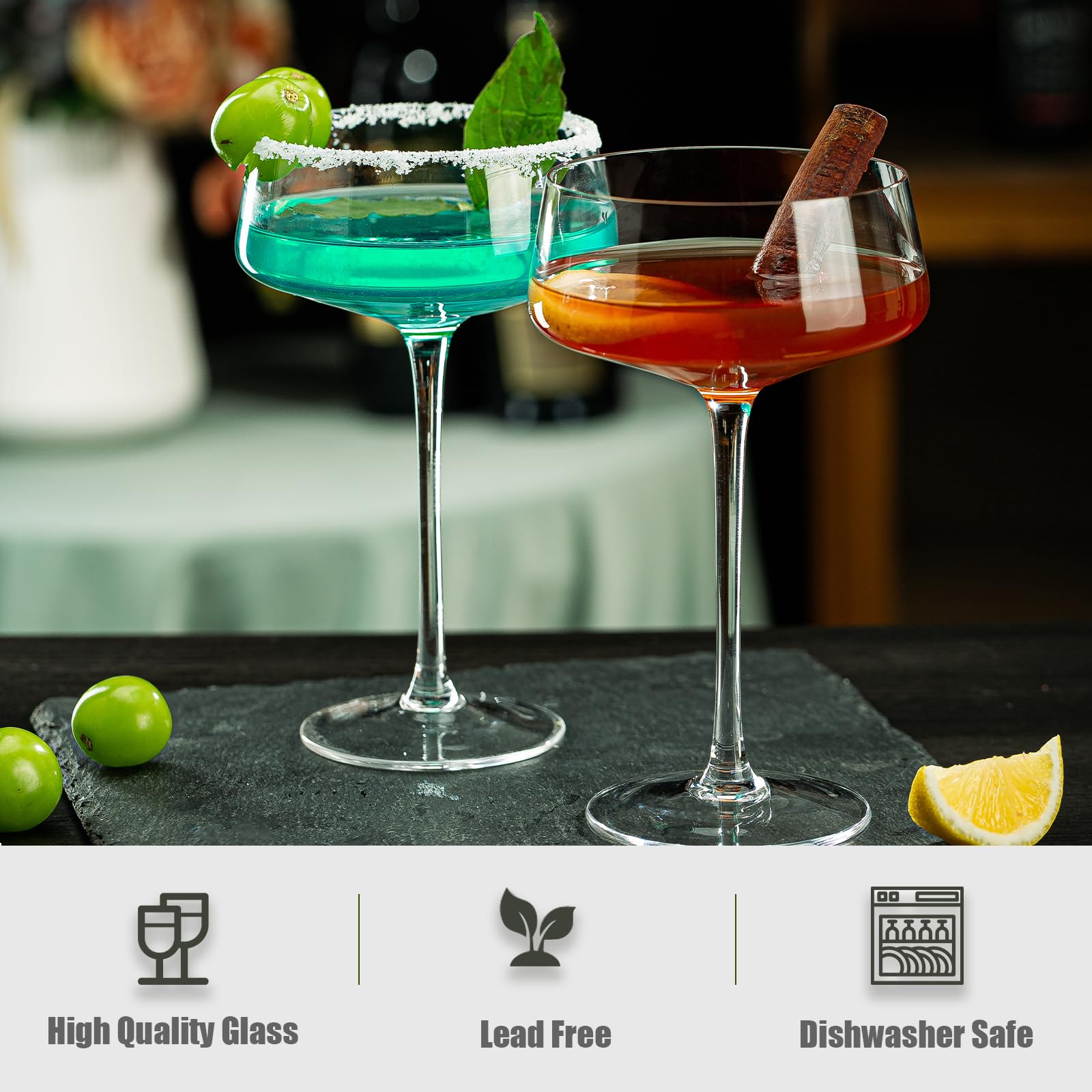 wookgreat Crystal Martini Glasses Set of 6, 11 oz Coupe Glasses, Classic Cocktail Glasses, Elegant Hand Blown Crystal Manhattan Goblet for Bar, Martini, Cosmopolitan, Gimlet