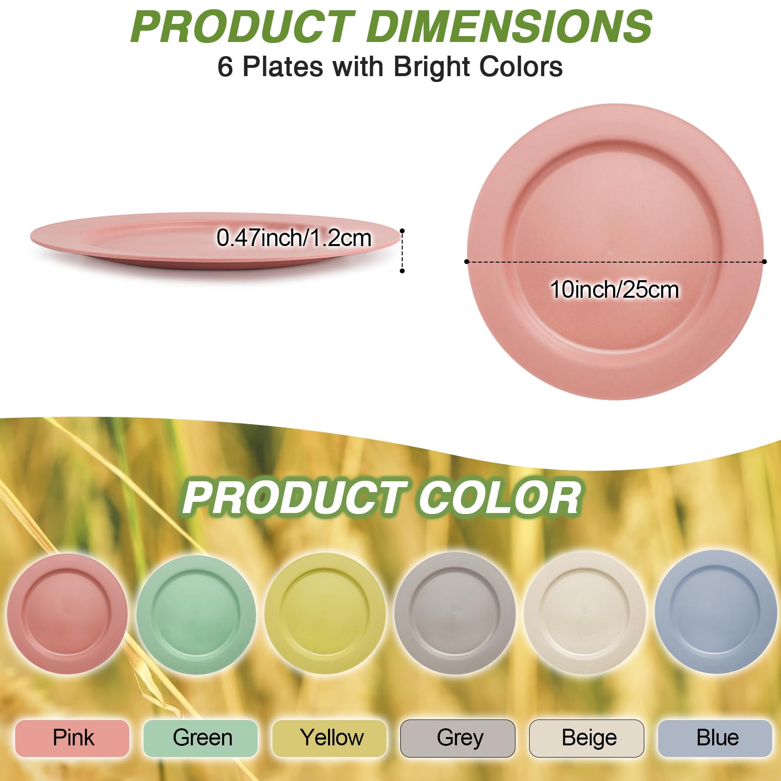 shopwithgreen 10 Inch Wheat Straw Dinner Plates, 6 Pack Unbreakable Sturdy Plastic Reusable Plates, Microwave and Dishwasher Safe Plates Set, Non-Toxic, BPA Free