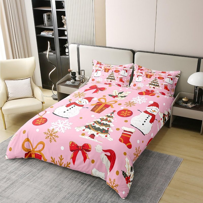 Pink Christmas 100% Cotton Duvet Cover Full Kawaii Xmas Tree Comforter Cover for Kids Boys Girls Winter Magic Snowflake Bedding Set Cute Snowman Quilt Cover Xmas Hats Girly Christmas Ornaments,3Pcs