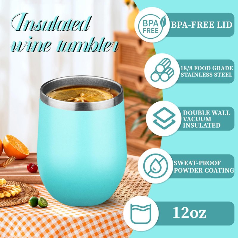 12oz Stemless Wine Tumbler with Lid Double Wall Insulated Wine Cup Stainless Steel Glasses Tumbler with Straw Insulated Cocktail Tumbler Coffee Mug for Hot and Cold Beverages (Multicolor-4, 4 Pack)