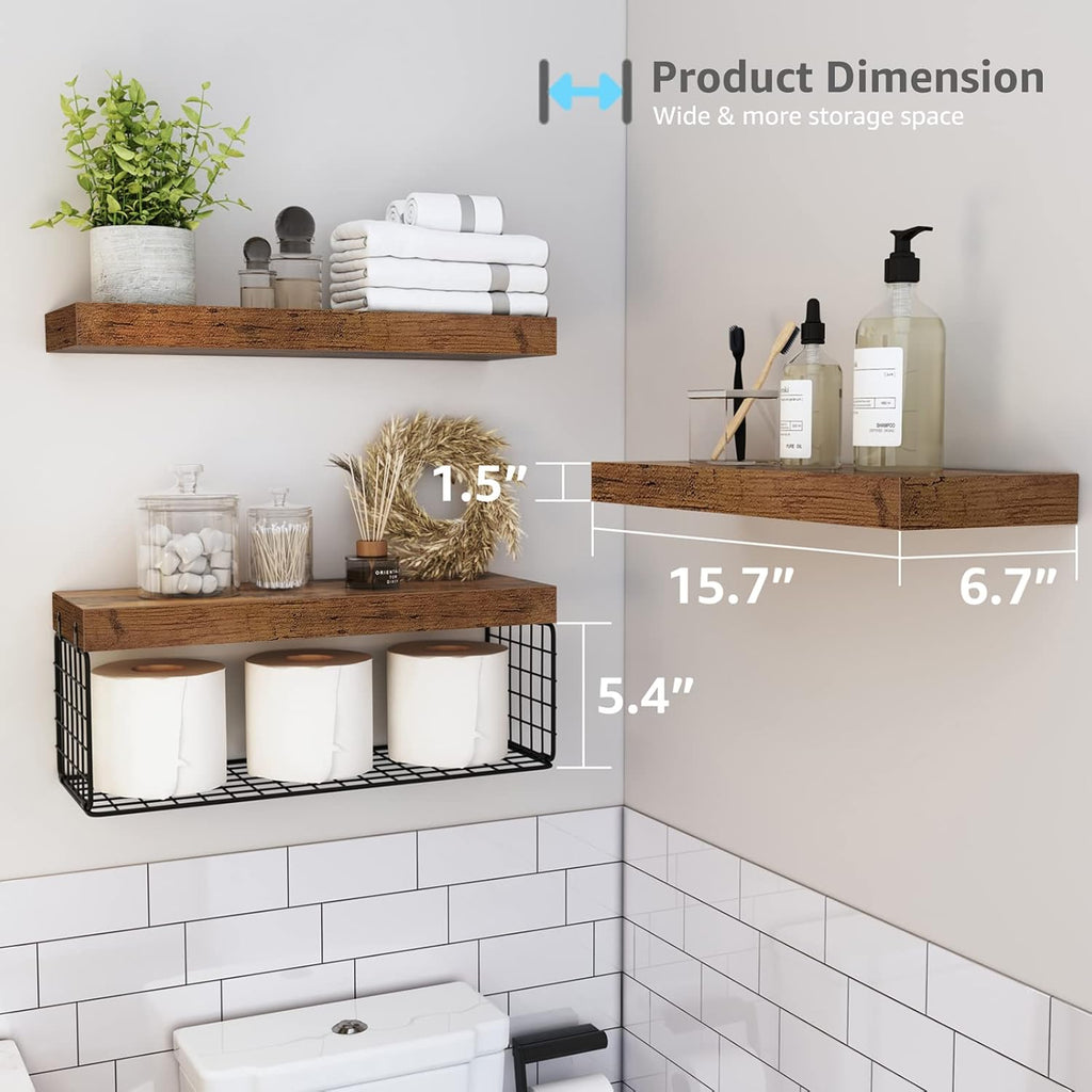 QEEIG Bathroom Shelves - Over Toilet Wall-Mounted Floating Storage | Rustic Brown Set of 3, 16 Inch