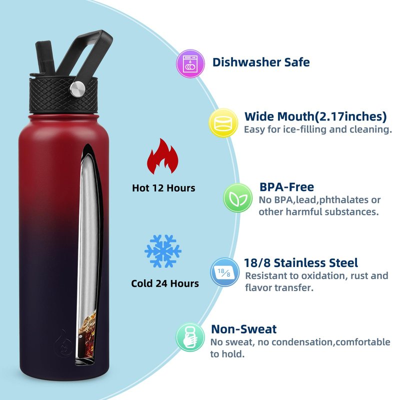 BJPKPK Insulated Water Bottles with Straw Lid, 40oz Cold & Hot Thermo, Stainless Steel Metal Water Bottle with 3 Lids, Reusable Thermo, Cups, Mugs, Tumblers,Charming Red