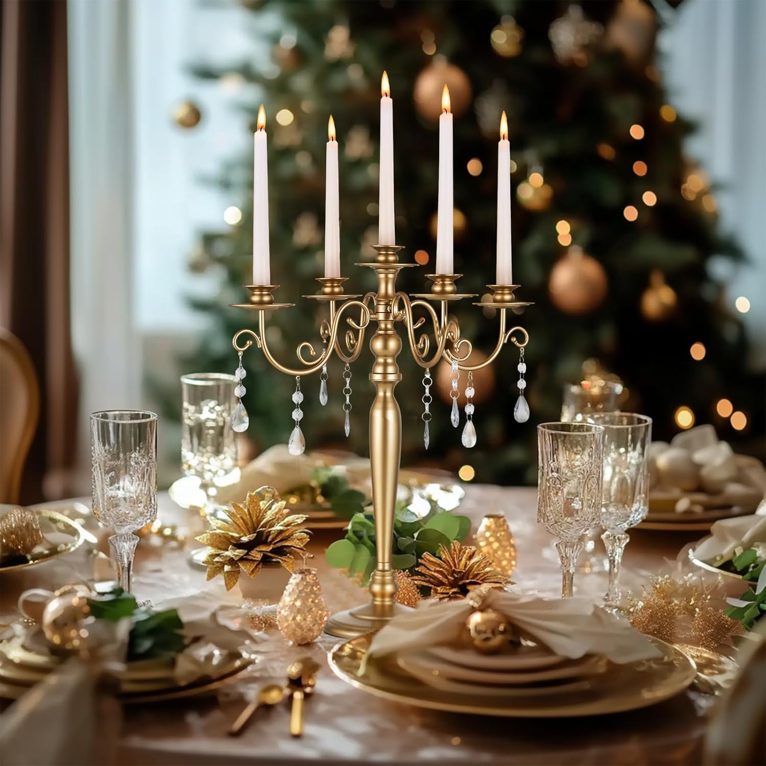 Sziqiq Gold Candelabra | 5 Arm Candle Holder - Vintage Metal Centerpiece for Weddings & Dining Tables