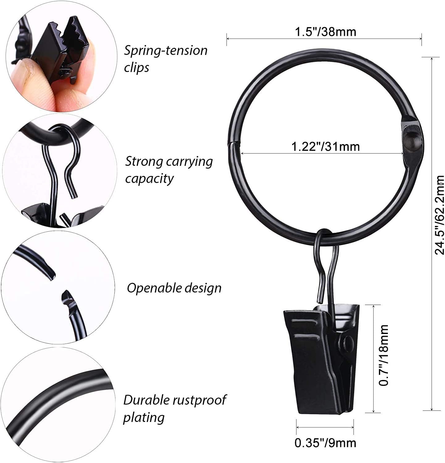 SPLF Metal Curtain Rings - 36 Pack Heavy-Duty Rustproof Clips | 1.22 Inch Interior Diameter, Black
