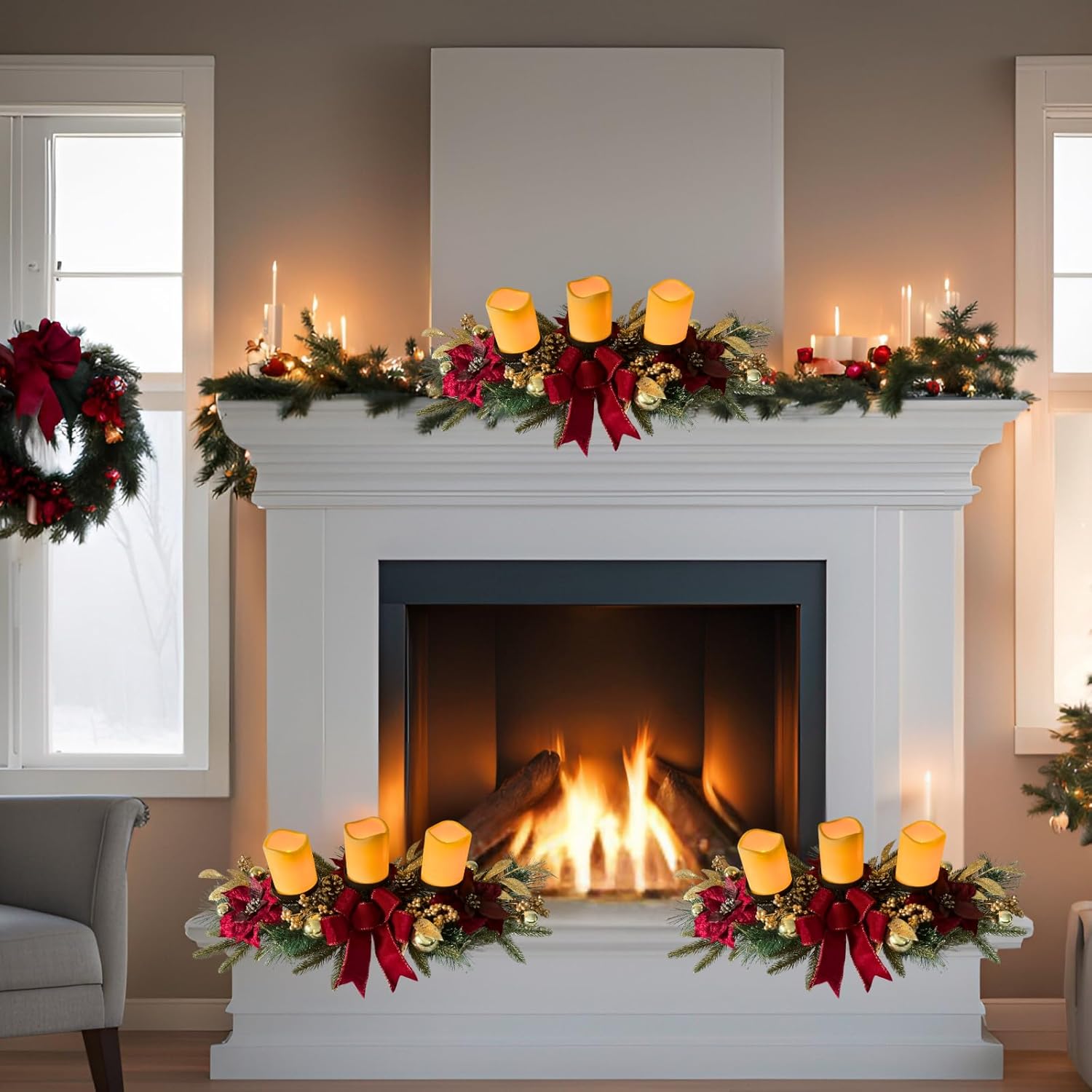Svndlyn Christmas Candle Holders - Festive 3-Piece Set with Red Poinsettia & Golden Accents for Table Centerpiece