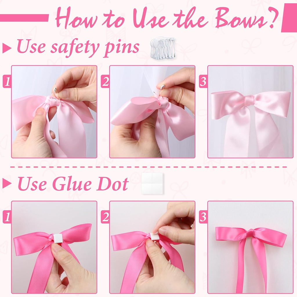 Skiennix Pink Bow Wall Decor - 40 Pcs DIY Ribbon Bows Garland for Birthday, Baby Shower & Room Decor