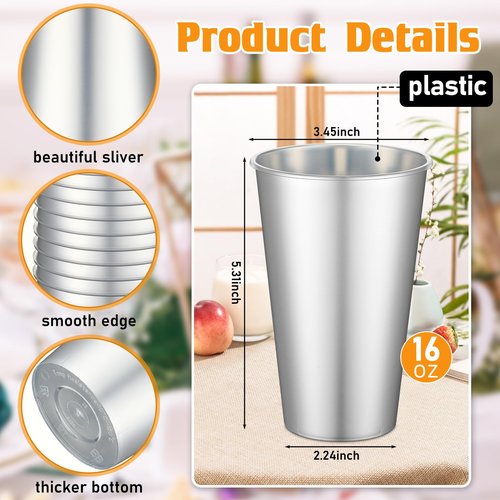 Jingmore 100 Pack 16 oz Disposable Plastic Cups Aluminum Party Tumbler Stackable Plastic Drinking Cups for Hot Cold Drinks Coffee Cocktail Beverage for Wedding Birthday Graduation Picnic(Silver)
