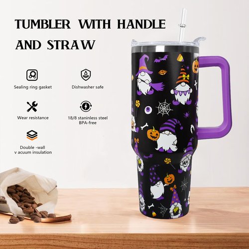 Ceovfoi 40 oz Halloween Gnome Tumbler, Insulated Stainless Steel Travel Mug, Gothic Halloween Gnome Decor Gift for Women