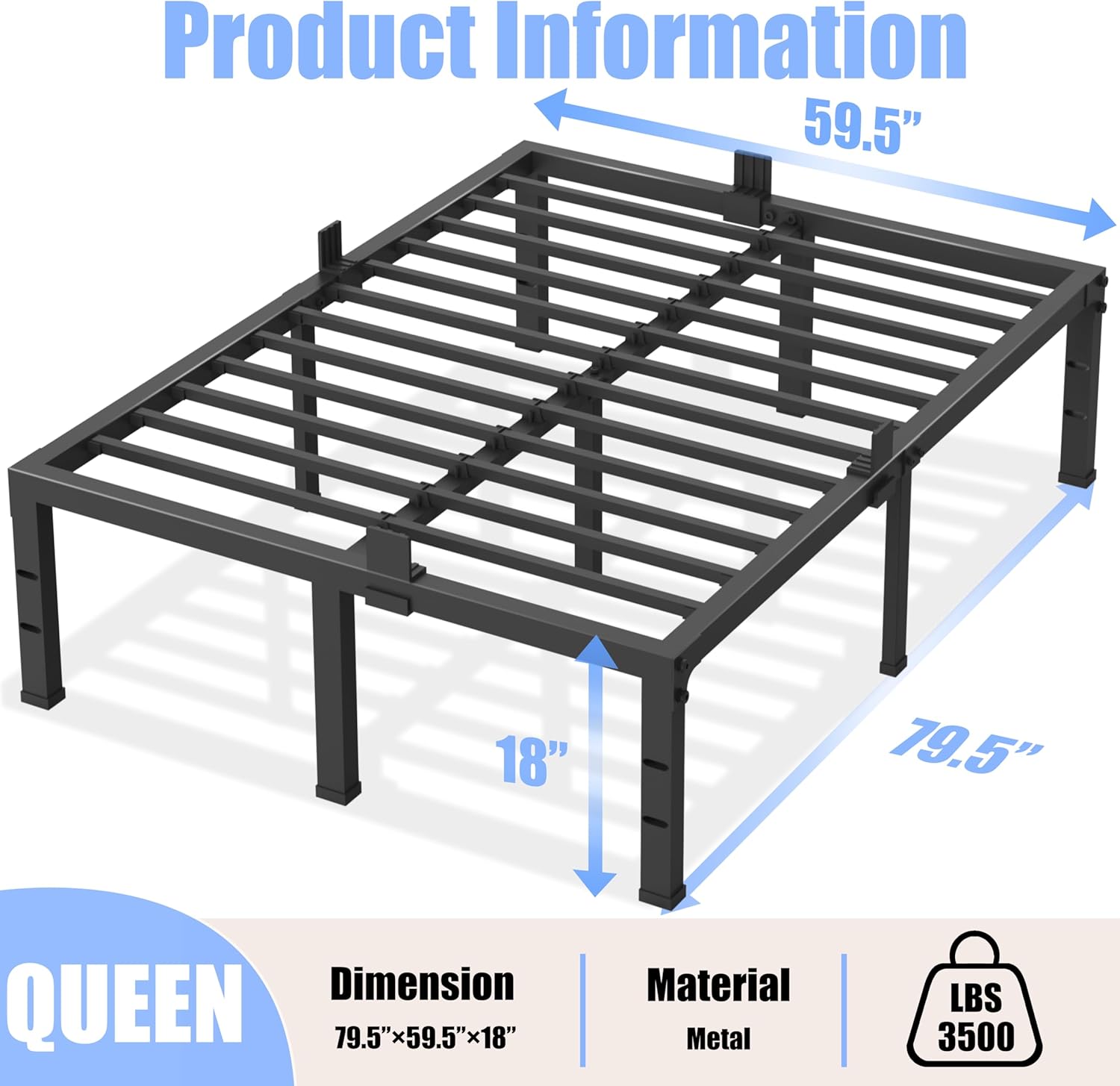 Yitong Angel Queen Size Bed Frame - 18-Inch Heavy Duty Metal Platform with Steel Slat Support | Noise-Free Assembly