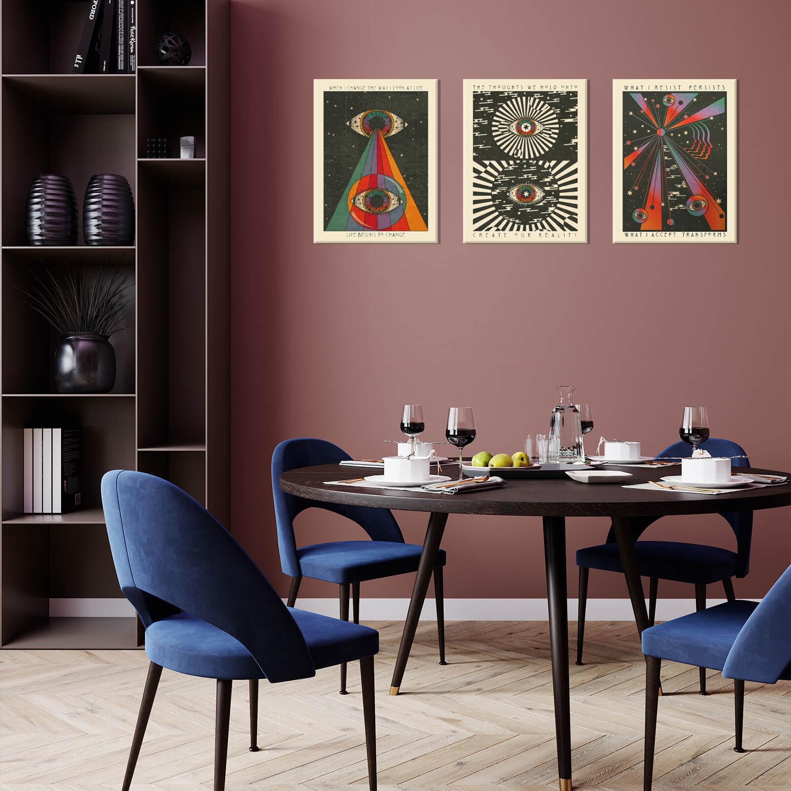 Framed Retro Hippie Wall Art Set of 3, Meditation Psyche Delic Eyes Canvas Art Boho 70's Teen Wall Decor Inspirational Quote Painting Pictures Printsfor Bedroom Living Room16x24in