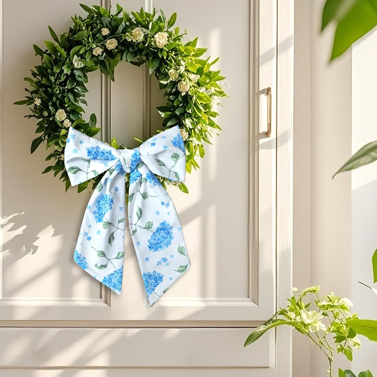 Skiennix Wreath Sash - Decorative Boxwood Sash for Indoor/Outdoor Decor | 4.7'' x 57'' (Blue & Green Floral)