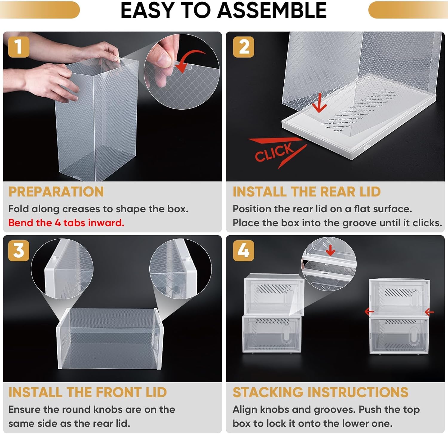 BALEINE Stackable Shoe Storage Boxes - 12 Pack Thickened Clear Plastic Bins | Fits Size 9, Large Black
