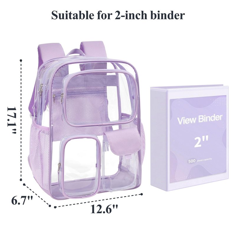PACKISM Clear Backpack for School Work - 17 inch Heavy Duty Clear Bookbag with Reinforced Bottom, Transparent PVC See Through Security Backpacks for Students with 3 Front Pockets,Purple (Age 12+)