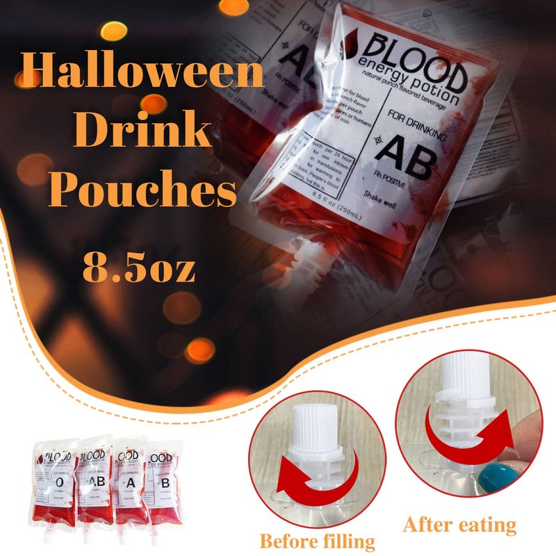 40 Pcs Halloween Blood Bags for Drinks,8.5oz Reusable Decoration Drink Container with Funnel,IV Bags for Vampire Zombie Costumes,Theme Party Props,Favors