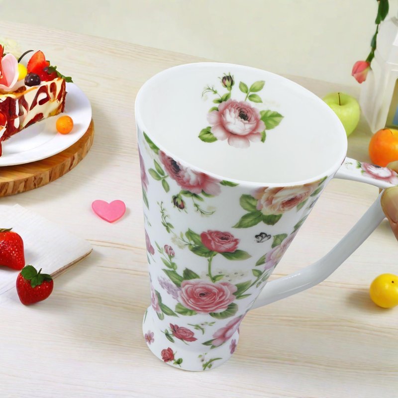 Glen Mila 17oz Cute Coffee Mug for Women Bone China Coffee Mug Cute Mugs Christmas Mugs Birthday Gifts for Mom Friends (white garden flower mug)