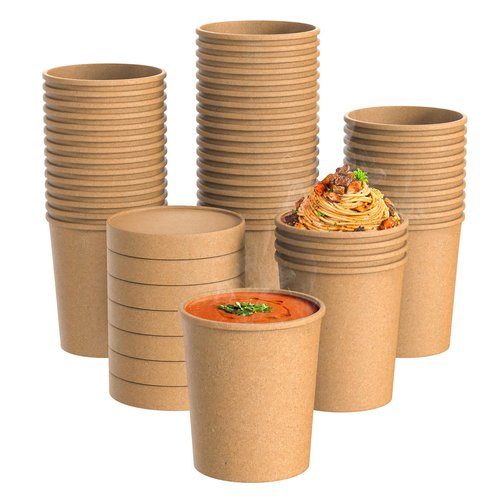 Fit Meal Prep 50 Pack 16 oz Kraft Paper Soup Containers with Vented Lid, Hot or Cold Paper Food Cups, Restaurant To Go Disposable Food Container, Ideal for Salad Stews Frozen Yogurt Ice Cream Dessert