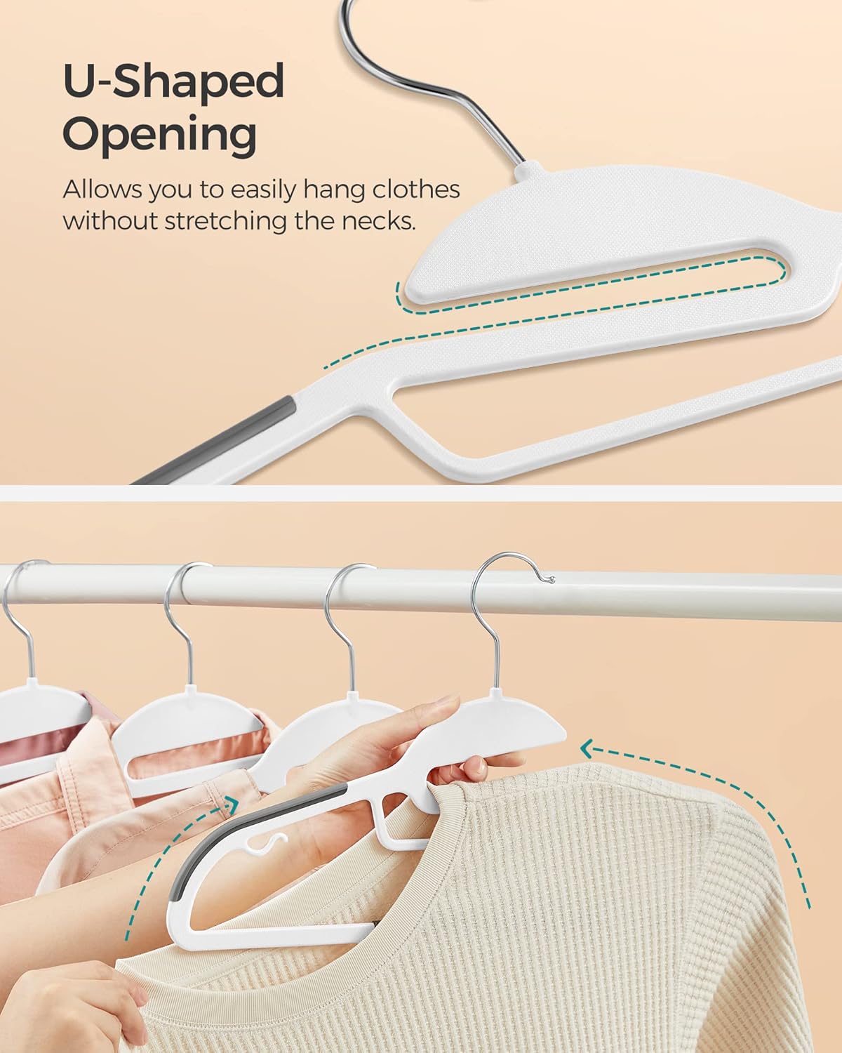 SONGMICS Heavy-Duty Plastic Coat Hangers - Space-Saving Design with 360º Swivel Hook | 50 Pack, Cloud White & Dark Gray
